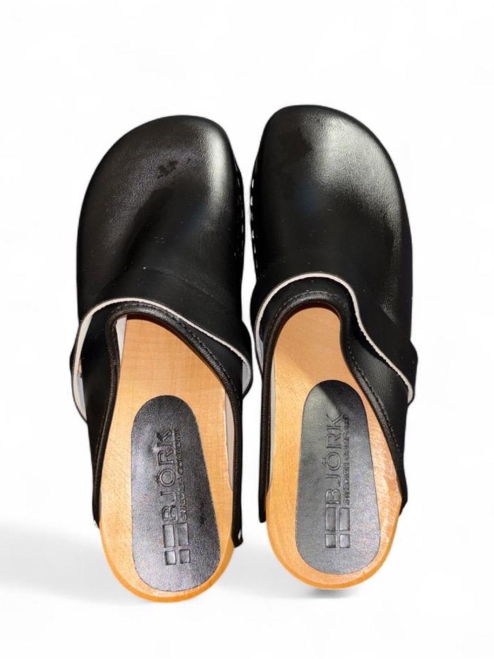 Bjork Black Leather Slip-On Clogs for Women